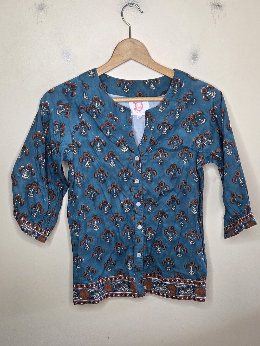 Victoria Dunn Blue & Orange Floral Print 3/4 Sleeve Button Up Shirt Size XS